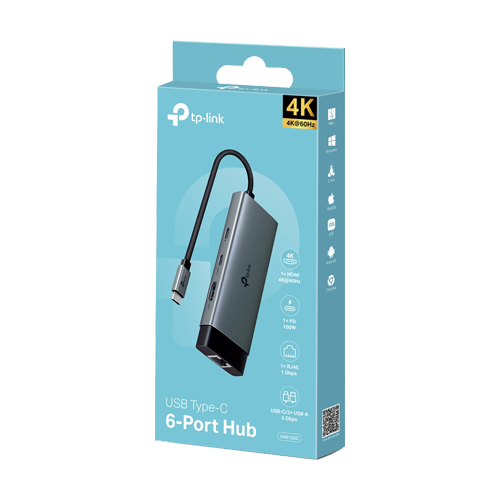 Hub USB-C 6-in-1, 1 x USB-C PD 100W, 1 x USB-C, 2 x USB-A, 1 x HDMI 4K@60Hz, 1 x RJ45 1G - TP-Link UH6120C - imagine 2